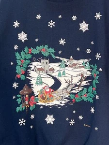 Christmas Sweatshirt Large Navy Blue Pullover Santa Holly Vtg Winter Landscape - Picture 1 of 8