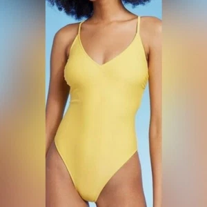 Traje de baño de una pieza Shade & Shore para mujer grande amarillo de pierna alta descarado con cuello en V - Imagen 1 de 10