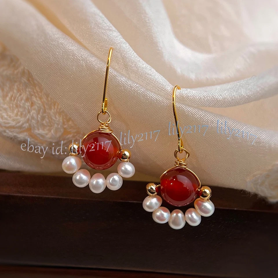 Natural White Freshwater Pearl Red Agate Round Gems Beads Dangle Hook Earrings - Image 1 of 4
