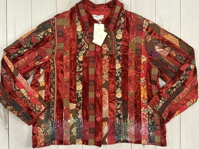 Blazer Coldwater Creek Feminino 2X Jaqueta Patchwork Veludo Blazer Boho Antigo Novo - Imagem 1 de 4