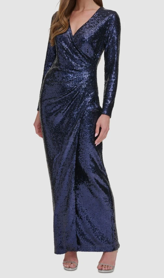 DKNY Long-Sleeve Side-Ruched Sequin Gown Size 6 # 12B 2138 Blm