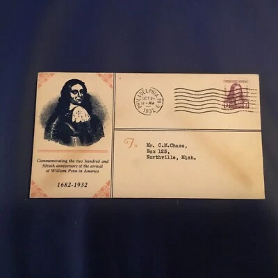 FDC Covers 1932 #724c 2 Hundred And Fiftieth Anniversary Of William Penn Cachet - Image 1 of 2