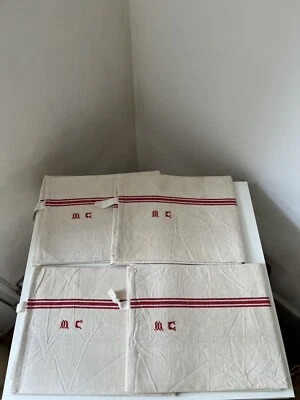 Lot de 4 torchons ancien Lin rouge et blanc brodés MC - Photo 1/3