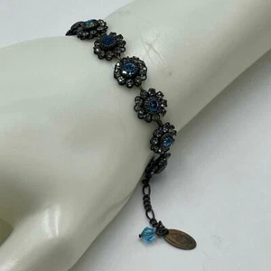 Vintage Liz Palacios SF Antiqued Signed Blue Crystal  Flower Bloom Bracelet  - Picture 1 of 16