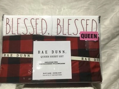 Rae Dunn “BLESSED”Red & Black  Checkered Plaid SOFT Queen Sheet Set - 2021 New. - Image 1 of 4