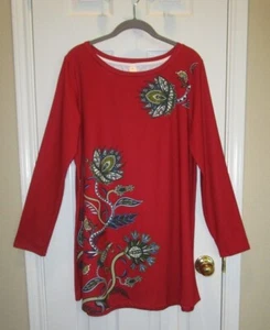 NANU Long Sleeve Knit Red w/Floral Print Tunic Blouse ~ Sz XL - Picture 1 of 6