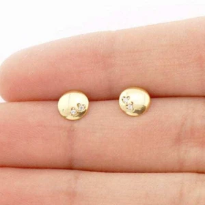 14k Yellow Gold Round Button Shaped Heart Pave Zircon Screwback Stud Earrings - Picture 1 of 6