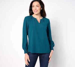 Denim & Co. Split V Blouse with Smocked Cuff Fall Teal Size 1X A630303 - Picture 1 of 2