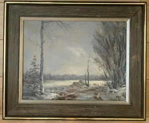 Dipinto firmato GEMELLAGGIO paesaggio invernale paesaggio invernale cabine attraverso il lago / alberi - Foto 1 di 6