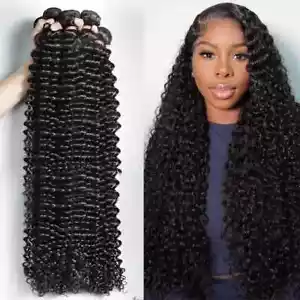 Curly Human Hair Bundles Wave for Women Weave 3 Bundles Closure Natural Color - Picture 1 of 21
