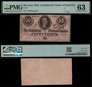 1864 50c Confederate States of America - PMG 63 - T-72 - Picture 1 of 3