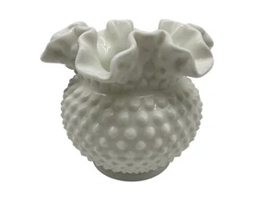 FENTON Vintage White Milk Glass 5" Round Hobnail Vase with Ruffled Rim Collectib - Picture 1 of 13