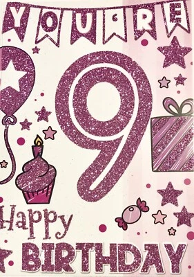 SILVERLINE You're 9 happy Birthday greetings card, cake, present theme, brand new