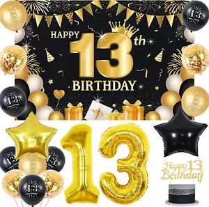 Fangleland Deko 13. Geburtstag schwarz und gold für Jungen Mädchen, Happy 13th - Bild 1 von 7