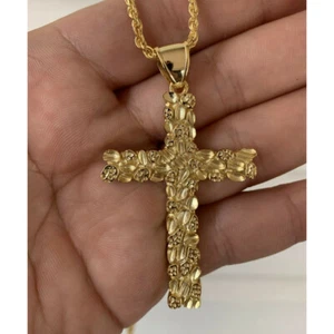 Hombres Grande 2.25" Nugget Cruz Colgante Religioso 14K Oro Chapado Plata de Ley - Imagen 1 de 5