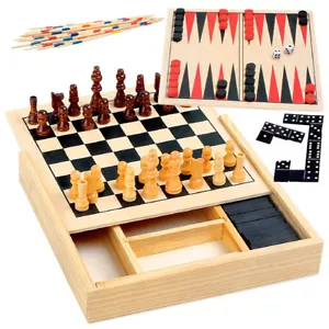4-in-1 Reisespiele Set Domino Schach Mikado Backgammon Spiel Figuren Holz Steine - Bild 1 von 6