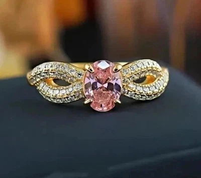 2Ct Oval Lab Created Pink Sapphire Women Cocktail Ring 14K Yellow Gold Plated - Image 1 of 4