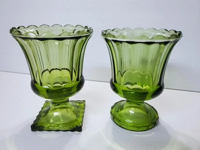 Vintage 1970s GREEN GLASS Fluted Fancy Design Footed Compote Candy Dish Vase - Image 1 of 4