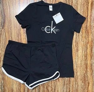 Calvin Klein Pyjama Set Medium Schwarz 2 Teiler Logo Top & Shorts Nachtwäsche - Bild 1 von 4