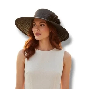 Nine West Schlapphut breite Krempe Ganzjahres Sommer Blumenapplikation schwarz Einheitsgröße - Bild 1 von 16