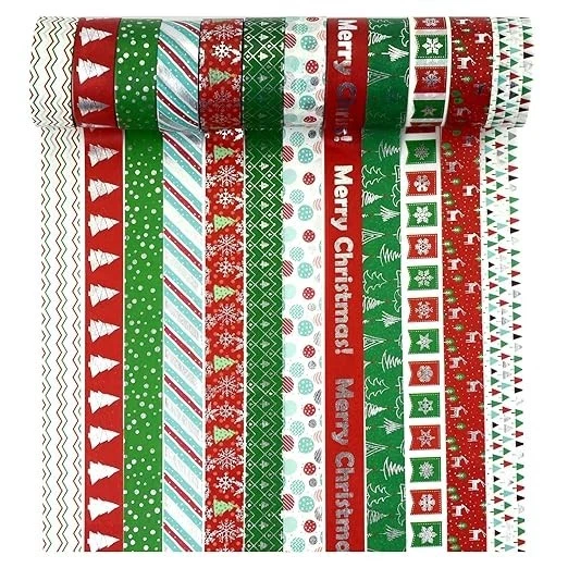 12 Rolls Christmas Washi Tape Silver Foil Merry Christmas Craft Set - Image 1 of 4