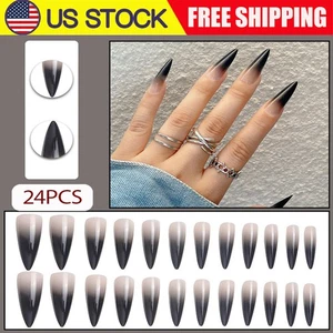 24 Stück Long Stiletto Black Glossy Ombre Fake Nail Press On Nails Falsche Nägel Kleber - Bild 1 von 7