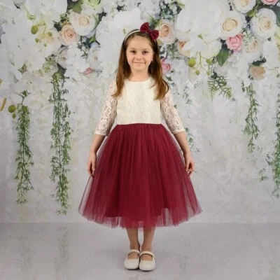 Burgundy Flower girl dress, Lace long sleeve dress, Wine flower girl dress, Form - Image 1 of 2