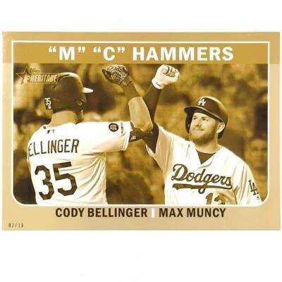 2019 Topps Heritage jumbo Cody Bellinger / Max Muncy LA Dodger Gold 5x7 card /10 - Image 1 of 3