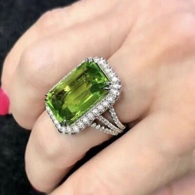 14K White Gold Plated 5Ct Emerald Cut Lab Created Peridot Halo Engagement Ring - Image 1 of 4