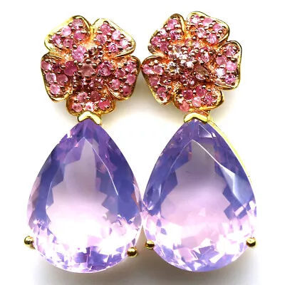 Драгоценный камень 15 x 20 мм. Серьги из серебра 925 пробы с лавандовым кварцем и розовым сапфиром - Изображение 1 из 4