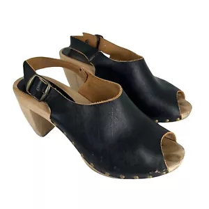 Bosabo Black Leather Open Toe Slingback Mule Wooden Block Heel Womens Size 41 - Picture 1 of 12