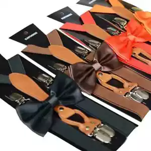 Kids Adjustable Suspenders Bow Tie Set Elastic Braces Boys GirlsTrousers Clip-On - Picture 1 of 39