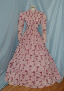 Charming Antique Dress Victorian 1860's Floral Printed Pink Cotton - Picture 1 of 9
