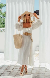 Nine Lives Bazaar ~ Jenny Shirred Dove Dress White Cotton Midi S AU 8 10 US 4 6 - Picture 1 of 17