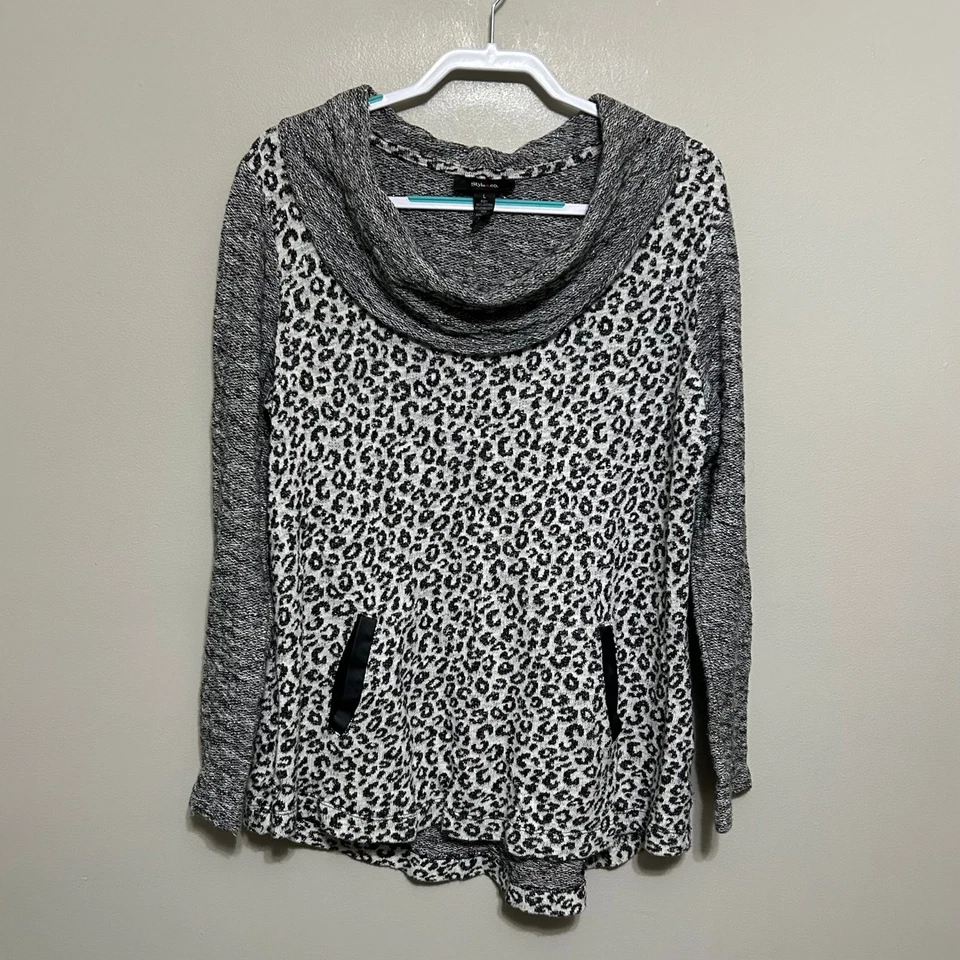 Suéter túnica Style & Co feminino gola alta estampa de leopardo G cinza preto bolsos - Imagem 1 de 4