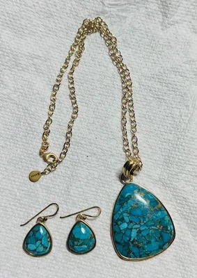 STUDIO BARSE TURQUOISE GOLDTONE PENDANT/NECKLACE PIERCED EARRINGS SET - Image 1 of 3