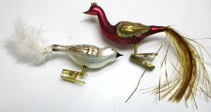 2 German Antique Victorian Glass Clip On Bird Peacock Christmas Ornaments - Picture 1 of 3