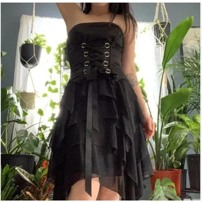 Vestido Jessica McClintock Y2K Hada Talla 6 Negro Corsé Capricho Bruja Formal Foto 1 de 4