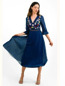 ASOS Design Size 10 Navy Floral Embroidered Lace Pleated Midi 3/4 Sleeve Dress - Picture 1 of 19