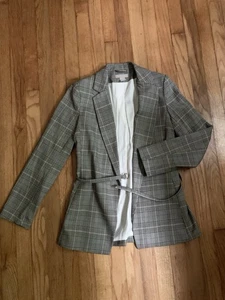 H&M Womens Blazer Open Front w/Belt Gray/Black/Red Plaid Fully Lined - Sz 4/36 - Picture 1 of 4