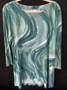 Belle by Kim Gravel Women's Abstract Print 3/4-Sleeve Knit Top Teal Size Large - Picture 1 of 4