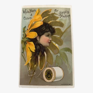 Victorian J&P Coats Best Cord Thread Trade Card Yellow Flower & Girl's Face (A7) - Picture 1 of 5