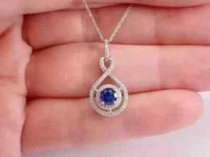 Lab Created Blue Sapphire 2Ct Round Cut Halo Pendant 14k White Gold Plated - Picture 1 of 8