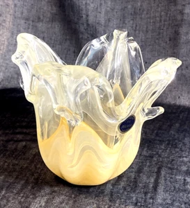 Cream & Clear Swirl Arte Murano Glass Vase Ruffled Edges Made In Italy - Picture 1 of 13
