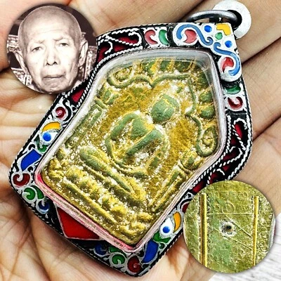 Silver Casing Khunpaen 3Takrut Tim Wat LaHanRai Be2515 Green Thai Amulet #18156 - Image 1 of 4