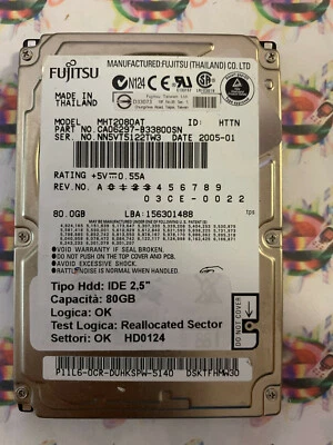 Hard Disk Usato IDE 2,5" 80GB FUJITSU MHT2080AT CA06297-B33800SN 2005-01 - Immagine 1 di 4
