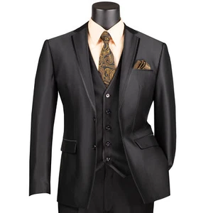 VINCI Men's Black Satin 3-Piece 2-Button Slim-Fit Suit - NEW