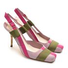 Womens Michel Perry Patch Slingback Pumps 39 / 8.5 Pink Green High Heels Shoes