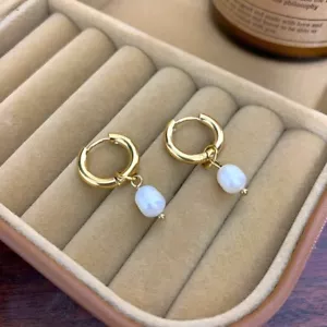 18K Gold Plated 15-16mm Hoop Huggies Earrings 8mm Freshwater Oval Pearls - Picture 1 of 3