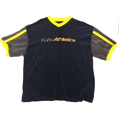 FUBU Athletics Shirt Mens 2X SS V-Neck Black Gray Yellow Velvet Cotton Blend - Image 1 of 4